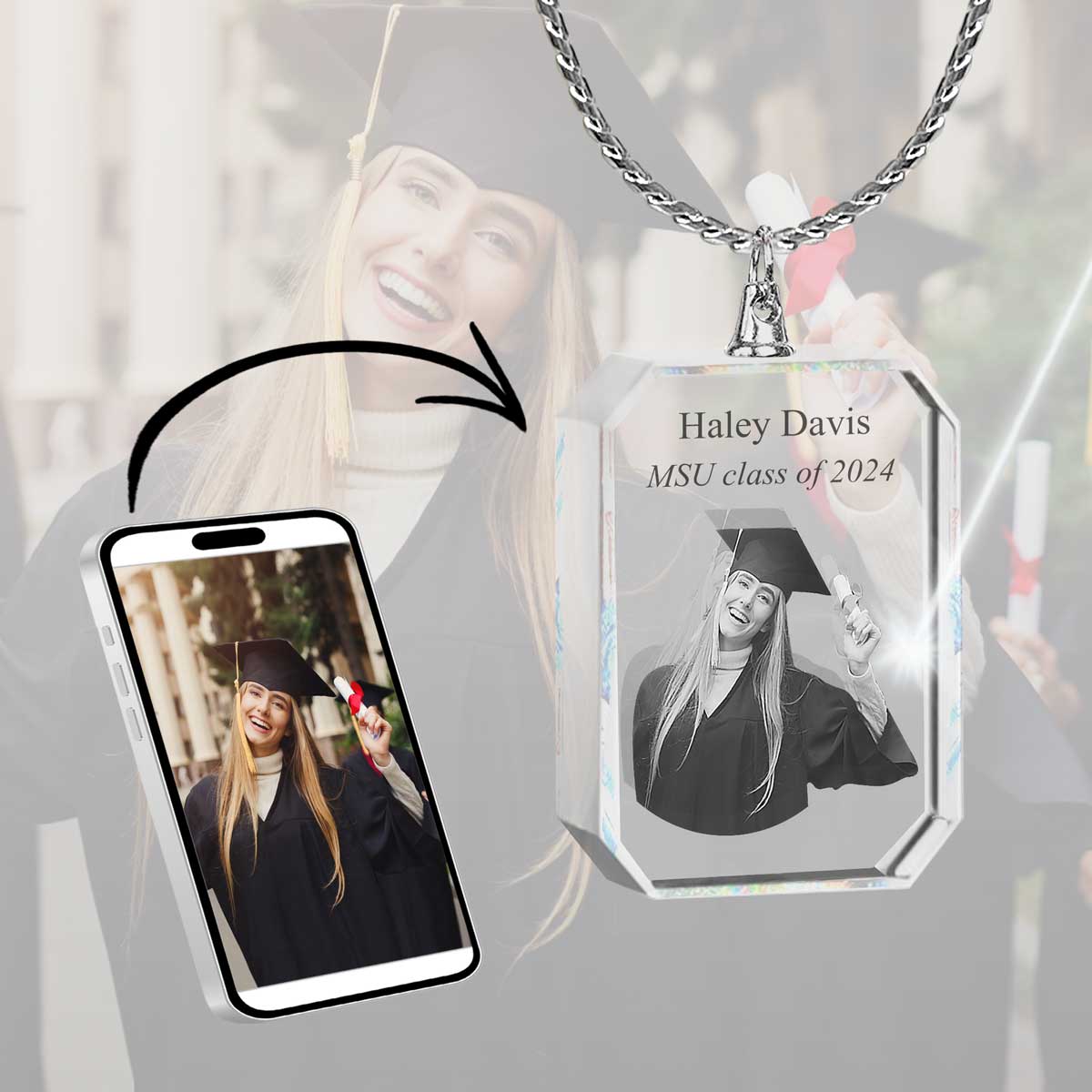 2D Crystal Photo Rectangle Necklace Pendant - Engraving Option - Free Chain