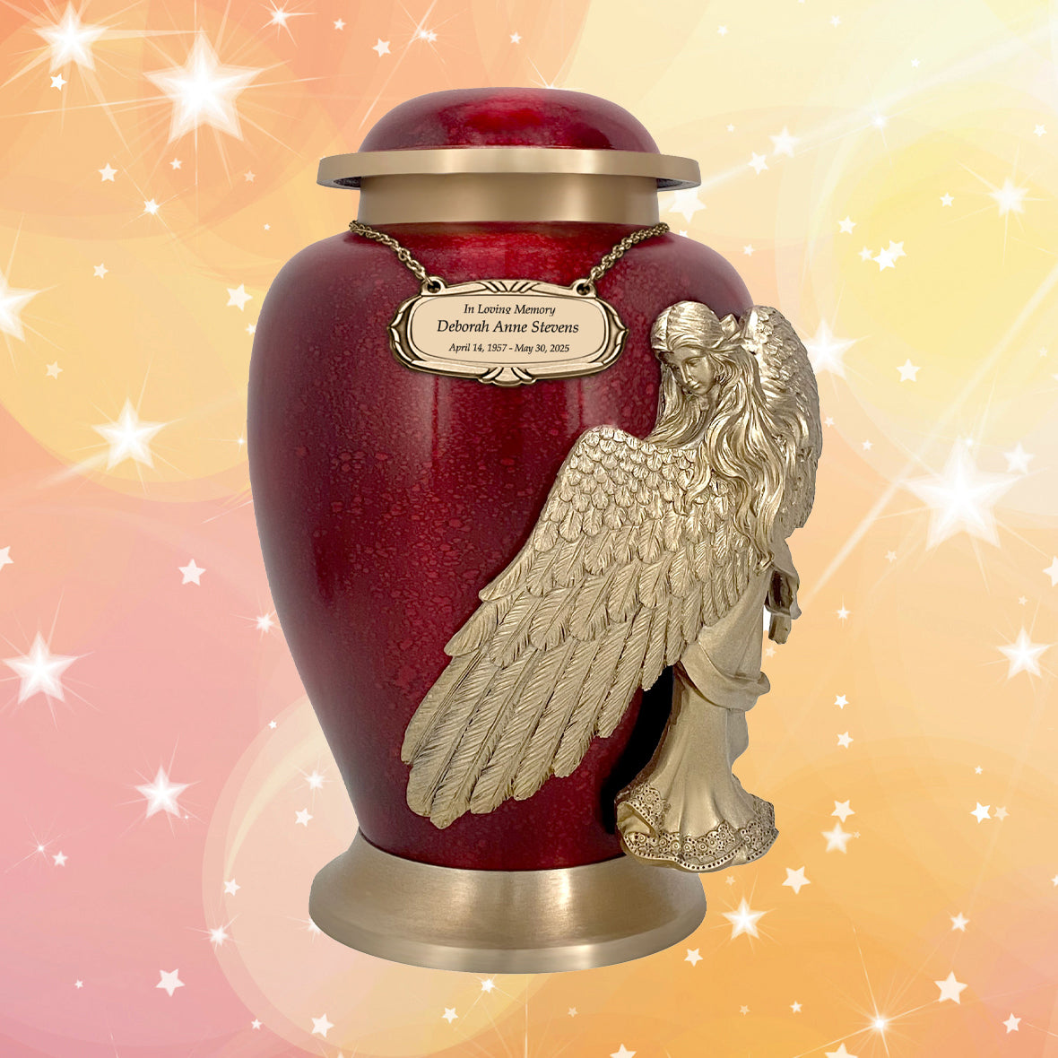 Wings of an Angel Golden Red Adult Urn - Pro Laser Engraving - Burial Vault Option
