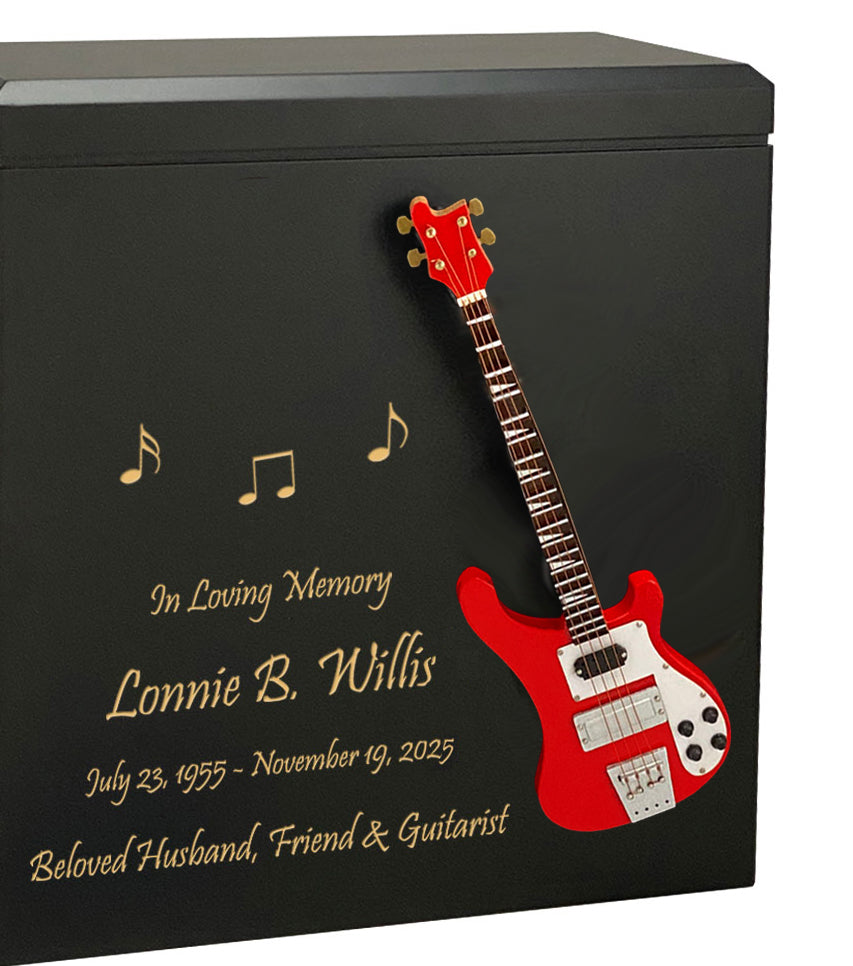 Red Bass Electric Guitar Wood Adult Cremation Urn - Miniature Guitar - Photo Option
