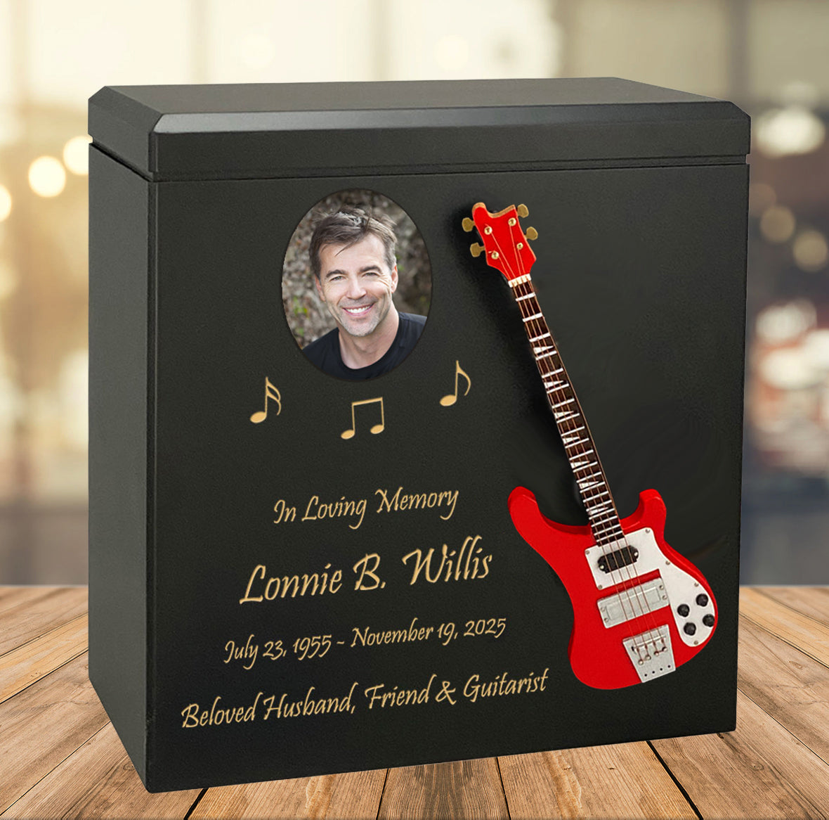 Red Bass Electric Guitar Wood Adult Cremation Urn - Miniature Guitar - Photo Option
