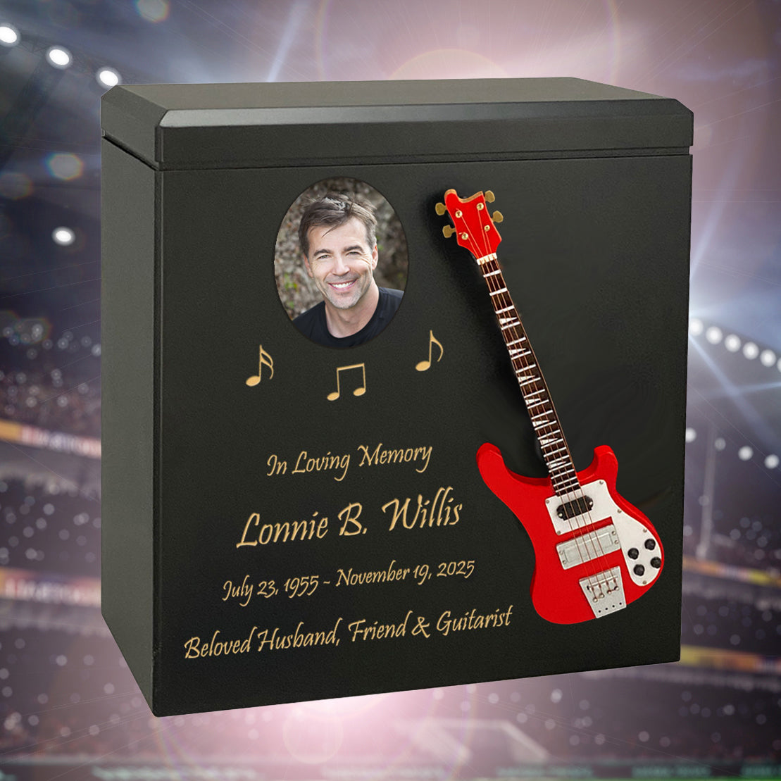 Red Bass Electric Guitar Wood Adult Cremation Urn - Miniature Guitar - Photo Option