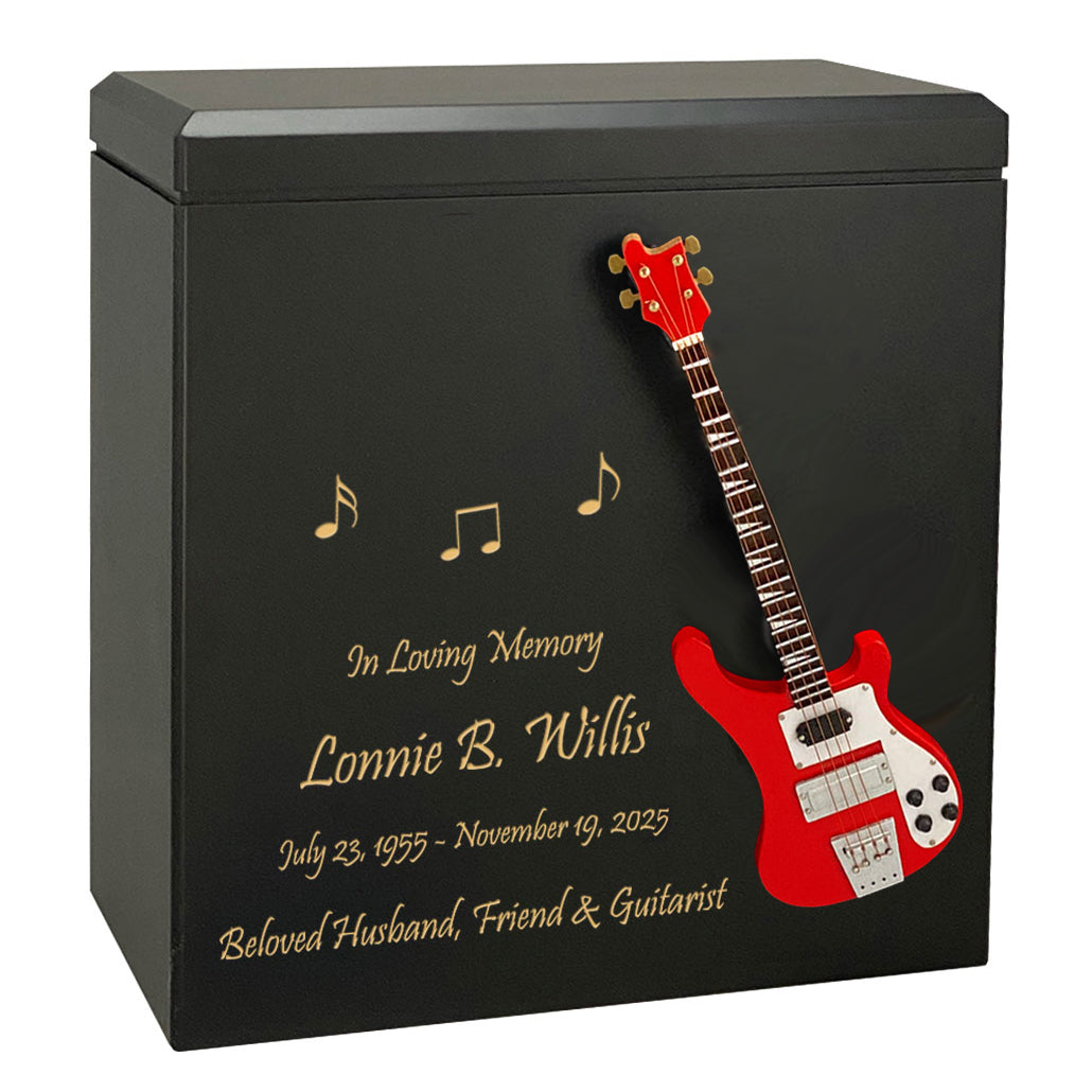 Red Bass Electric Guitar Wood Adult Cremation Urn - Miniature Guitar - Photo Option