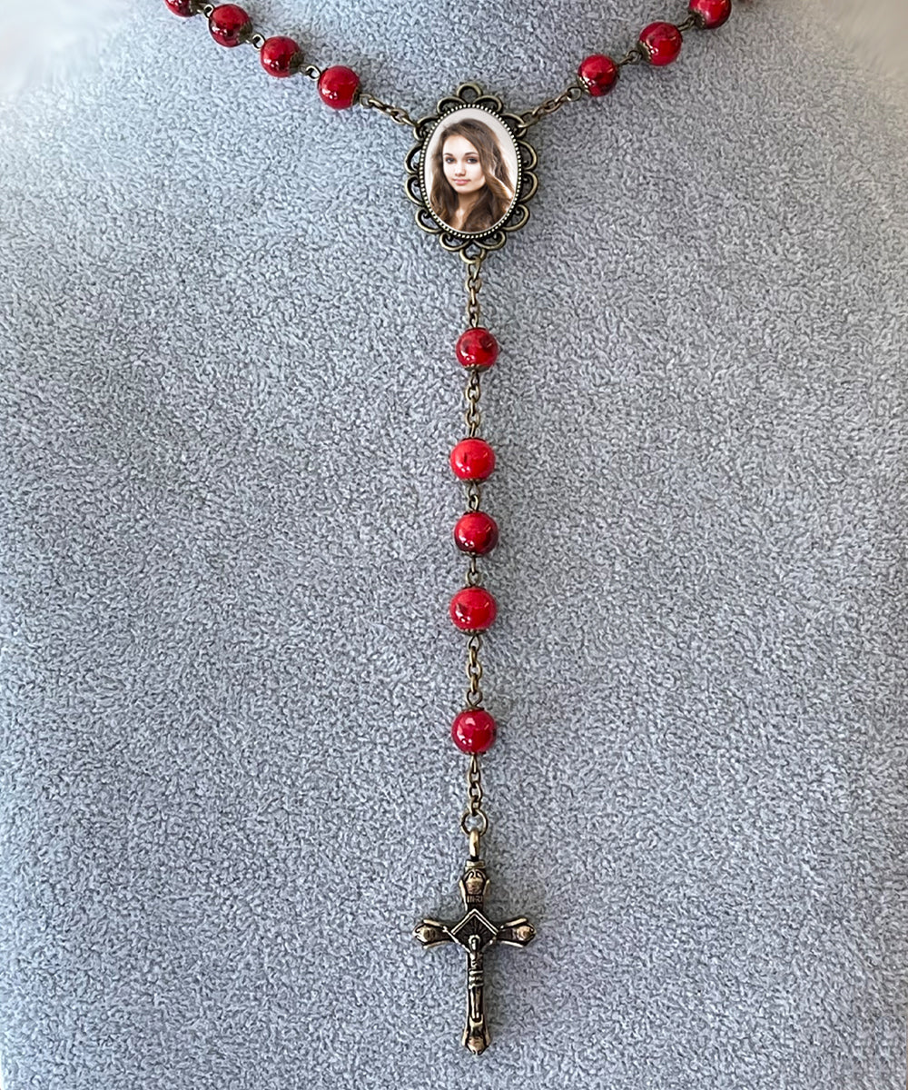 Antiqued Red Photo Rosary Necklace Urn