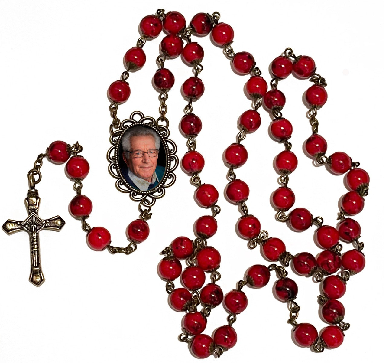 Antiqued Red Photo Rosary Necklace Urn