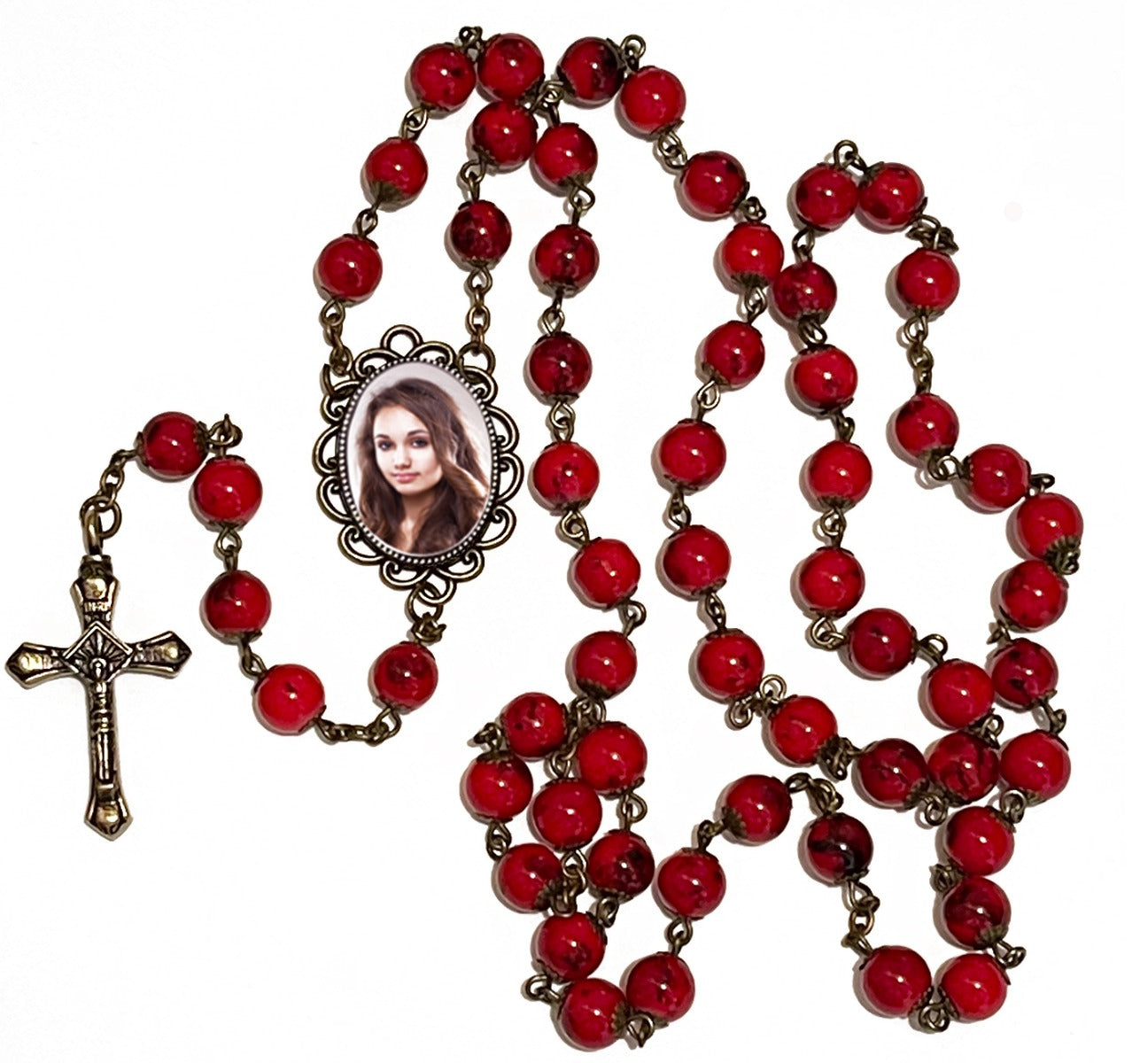 Antiqued Red Photo Rosary Necklace Urn