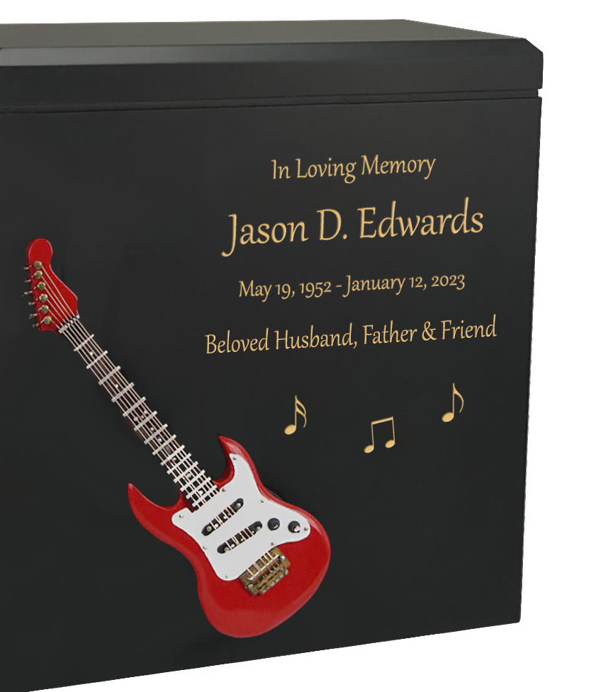 Red Electric Guitar Wood Adult Cremation Urn - Miniature Guitar - Photo Option