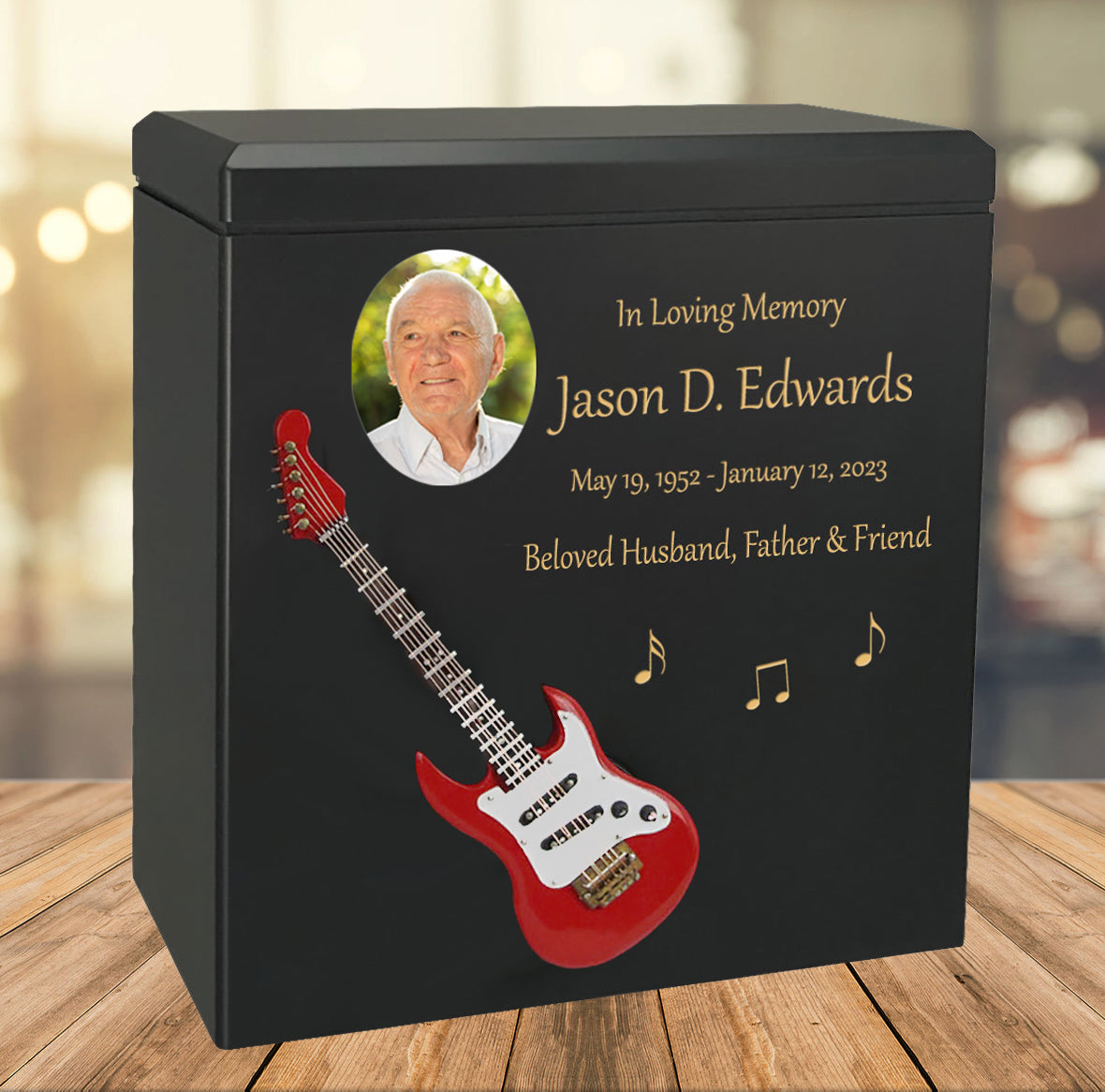 Red Electric Guitar Wood Adult Cremation Urn - Miniature Guitar - Photo Option