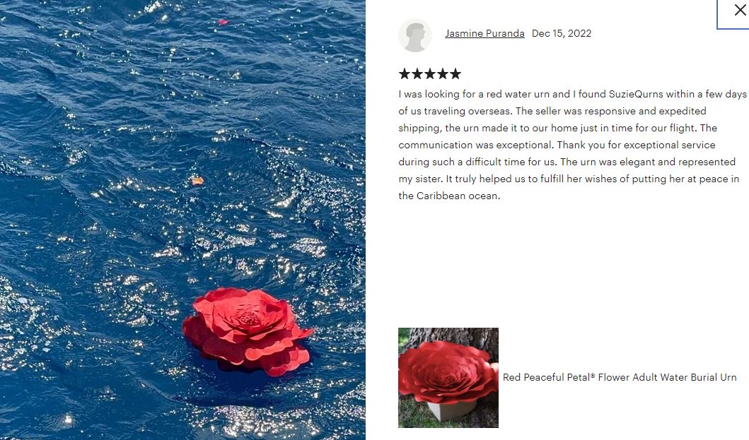 Red Peaceful Petal® Flower Water Burial Adult or Companion Urn - Blue Butterfly Option