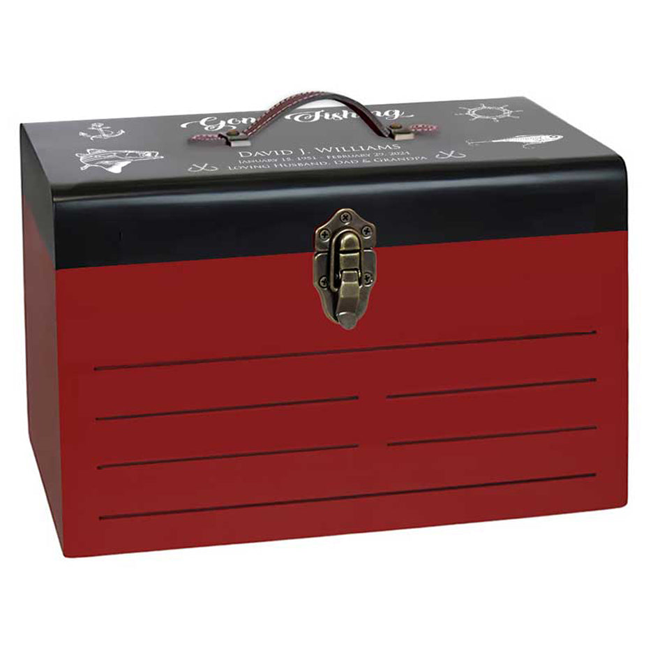 Gone Fishing Tackle Box Red Cremation Urn front
