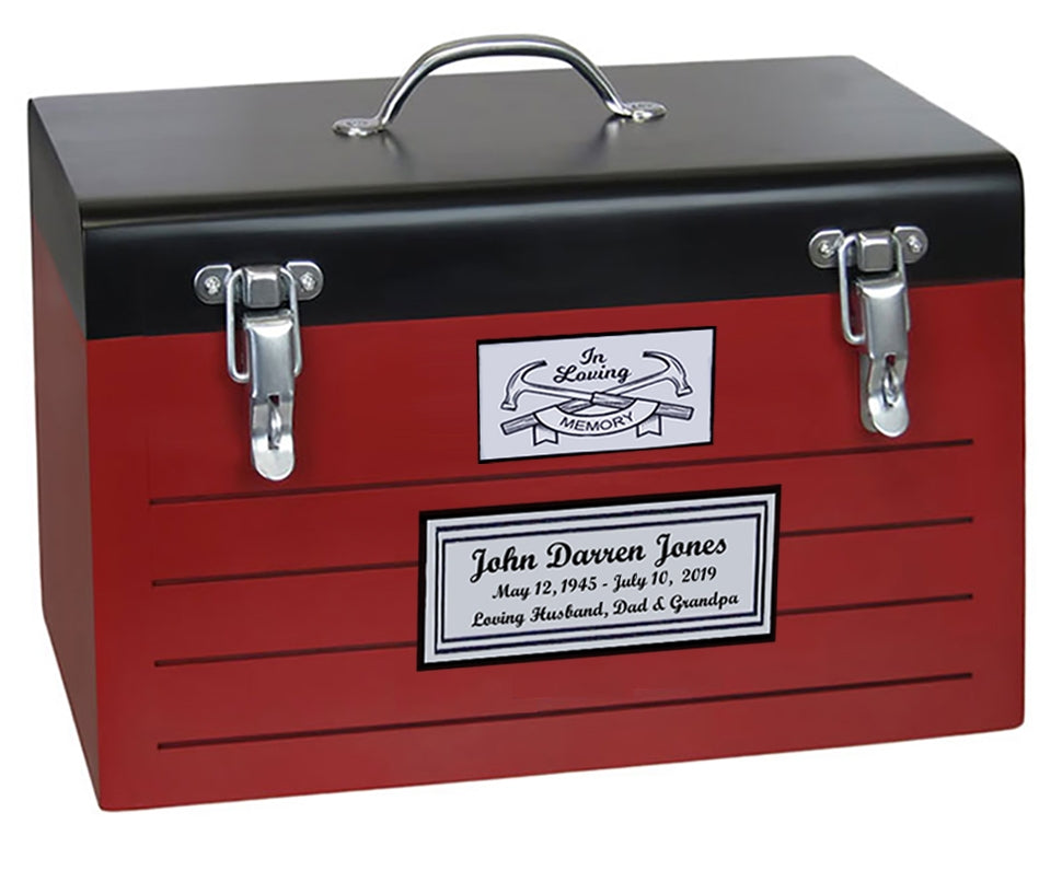 Toolbox Red Cremation Urn - Crossed Tools Option