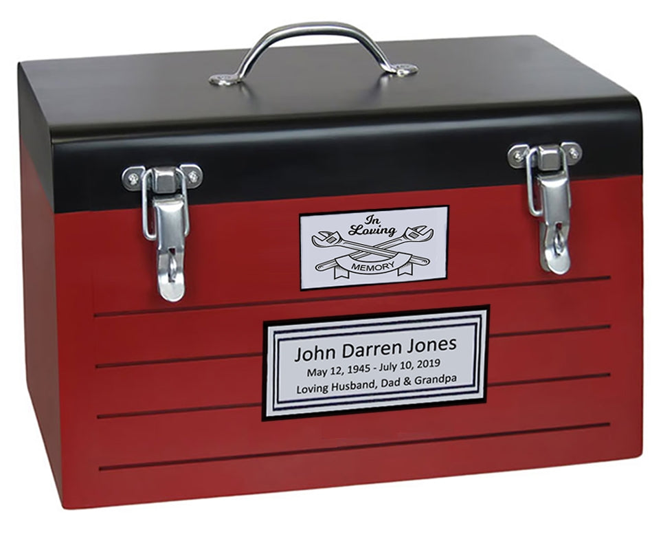 Toolbox Red Cremation Urn - Crossed Tools Option