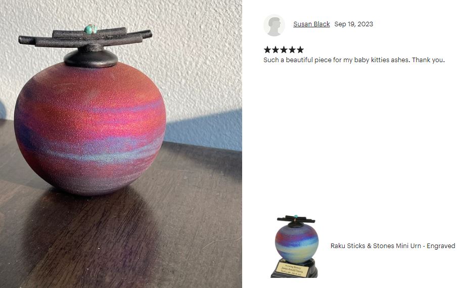 Raku Sticks & Stones Keepsake Urn & Engraved Stand