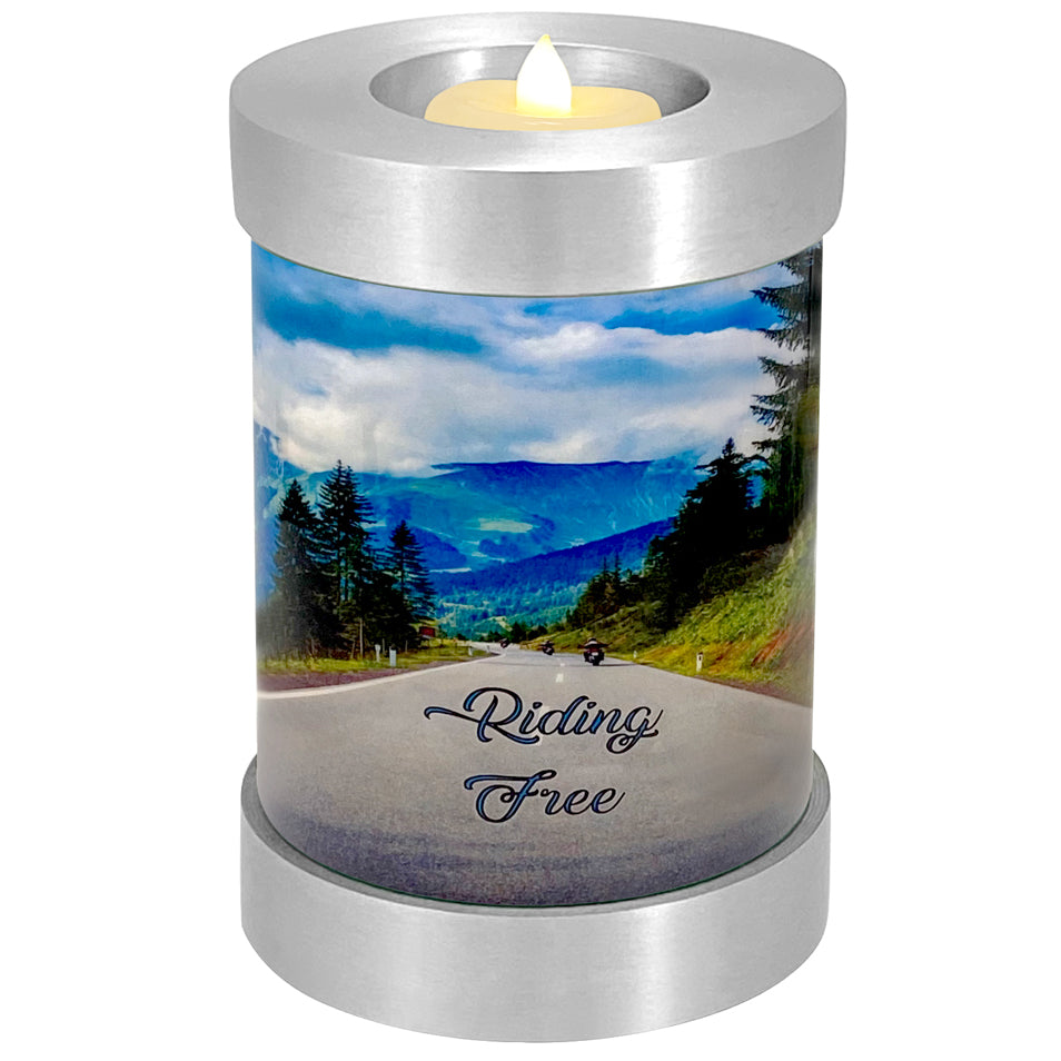 Riding Free Candle Cremation Urn - Engraving Available - LED Candle Included