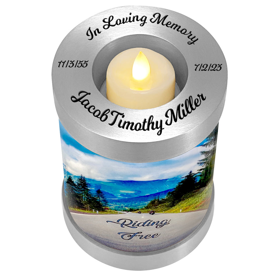 Riding Free Candle Cremation Urn - Engraving Available - LED Candle Included