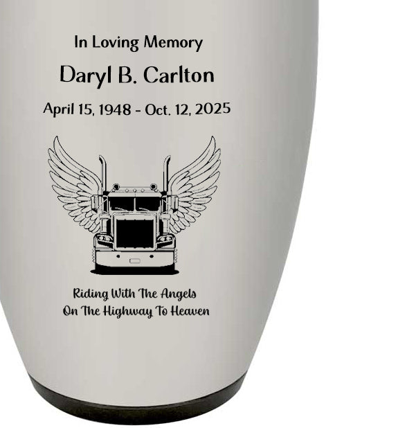 Riding With Angels Truck Pewter Adult Cremation Urn - Tribute Wreath™ - Pro Personalization - Burial Vault Option