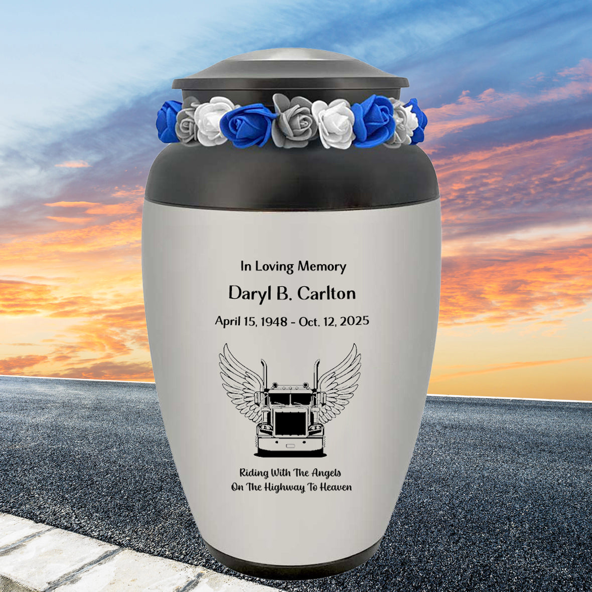 Riding With Angels Truck Pewter Adult Cremation Urn - Tribute Wreath™ - Pro Personalization - Burial Vault Option