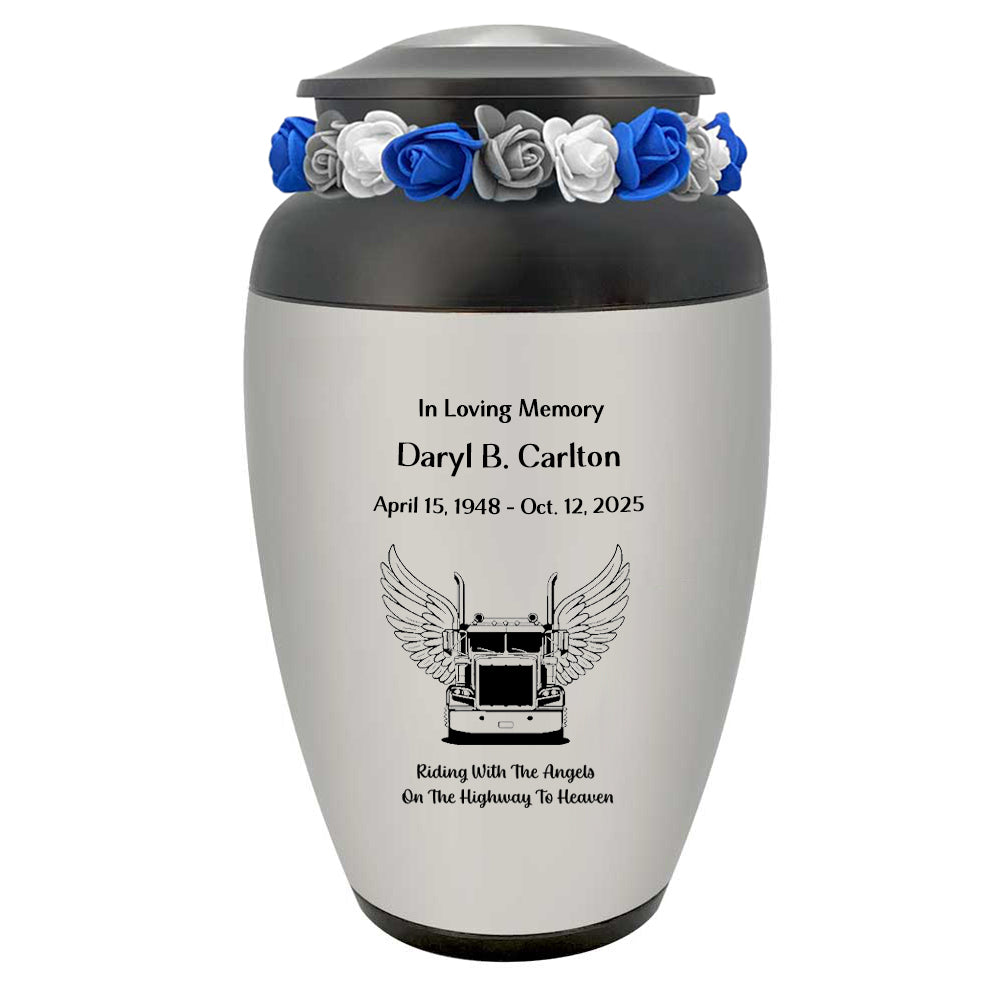Riding With Angels Truck Pewter Adult Cremation Urn - Tribute Wreath™ - Pro Personalization - Burial Vault Option