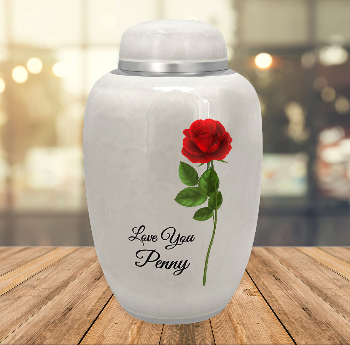 Single Red Rose White Adult Urn - FAST SHIPPING - Pro Laser Engraving - Burial Vault Option