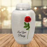 Single Red Rose White Adult Urn - FAST SHIPPING - Pro Laser Engraving - Burial Vault Option