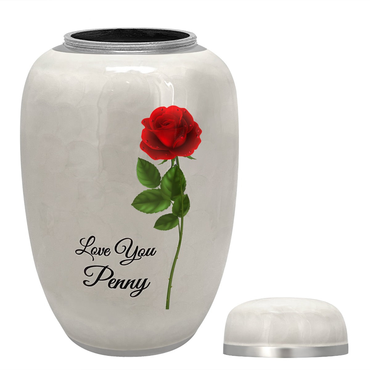 Single Red Rose White Adult Urn - FAST SHIPPING - Pro Laser Engraving - Burial Vault Option