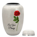 Single Red Rose White Adult Urn - FAST SHIPPING - Pro Laser Engraving - Burial Vault Option