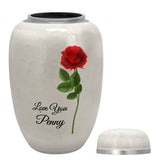 Single Red Rose White Adult Urn - FAST SHIPPING - Pro Laser Engraving - Burial Vault Option