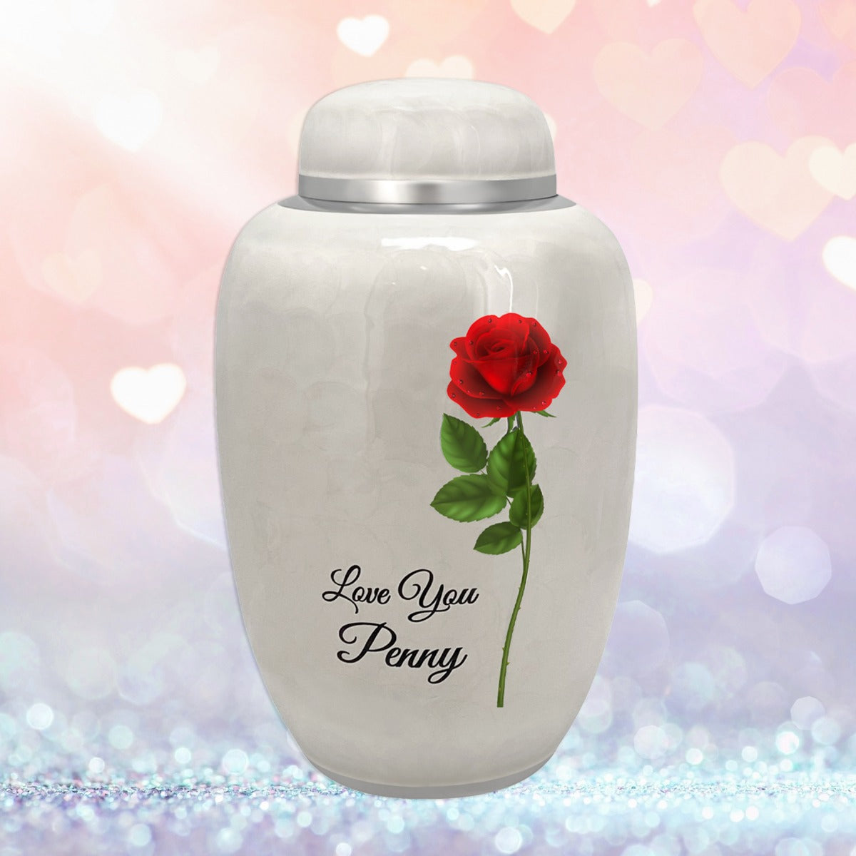 Single Red Rose White Adult Urn - FAST SHIPPING - Pro Laser Engraving - Burial Vault Option