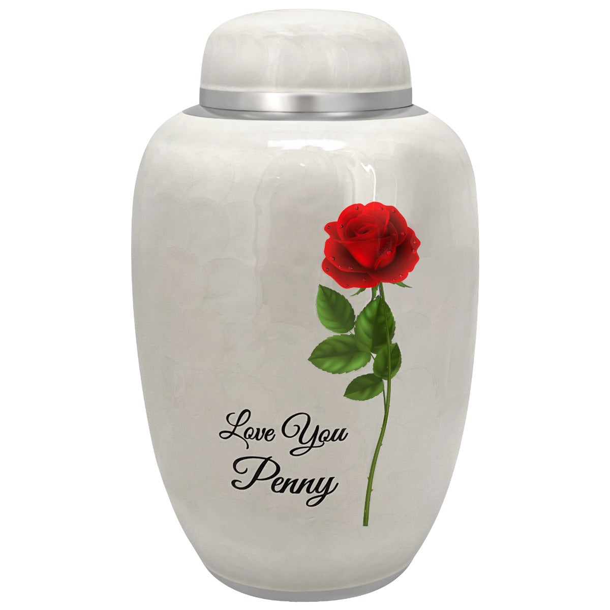 Single Red Rose White Adult Urn - FAST SHIPPING - Pro Laser Engraving - Burial Vault Option
