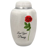 Single Red Rose White Adult Urn - FAST SHIPPING - Pro Laser Engraving - Burial Vault Option