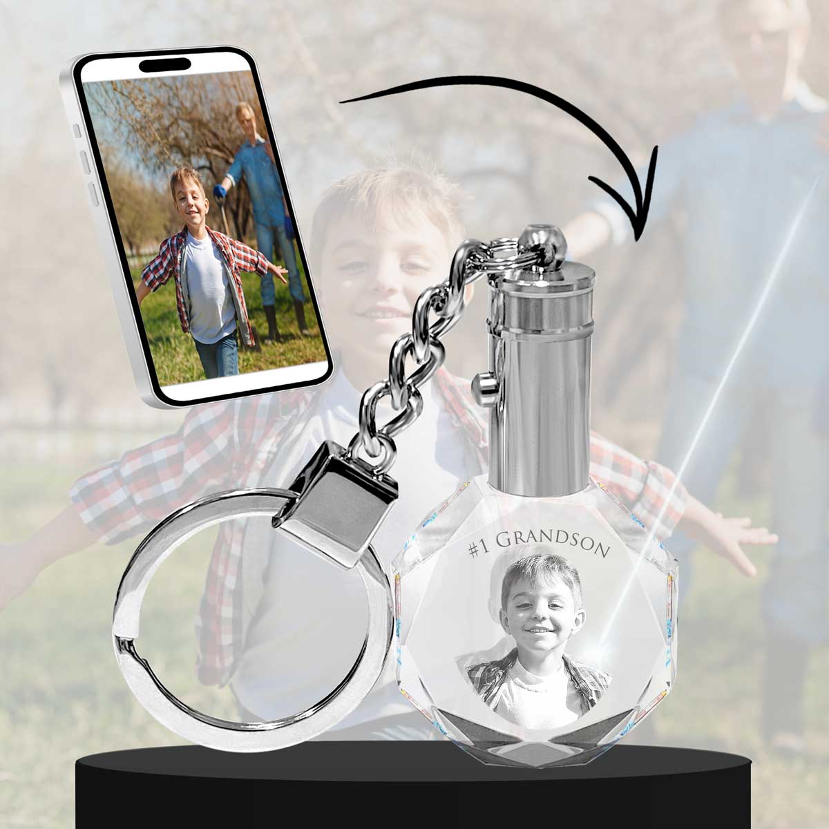 2D Crystal Photo Round Keychain - Engraving Option - Lights Up
