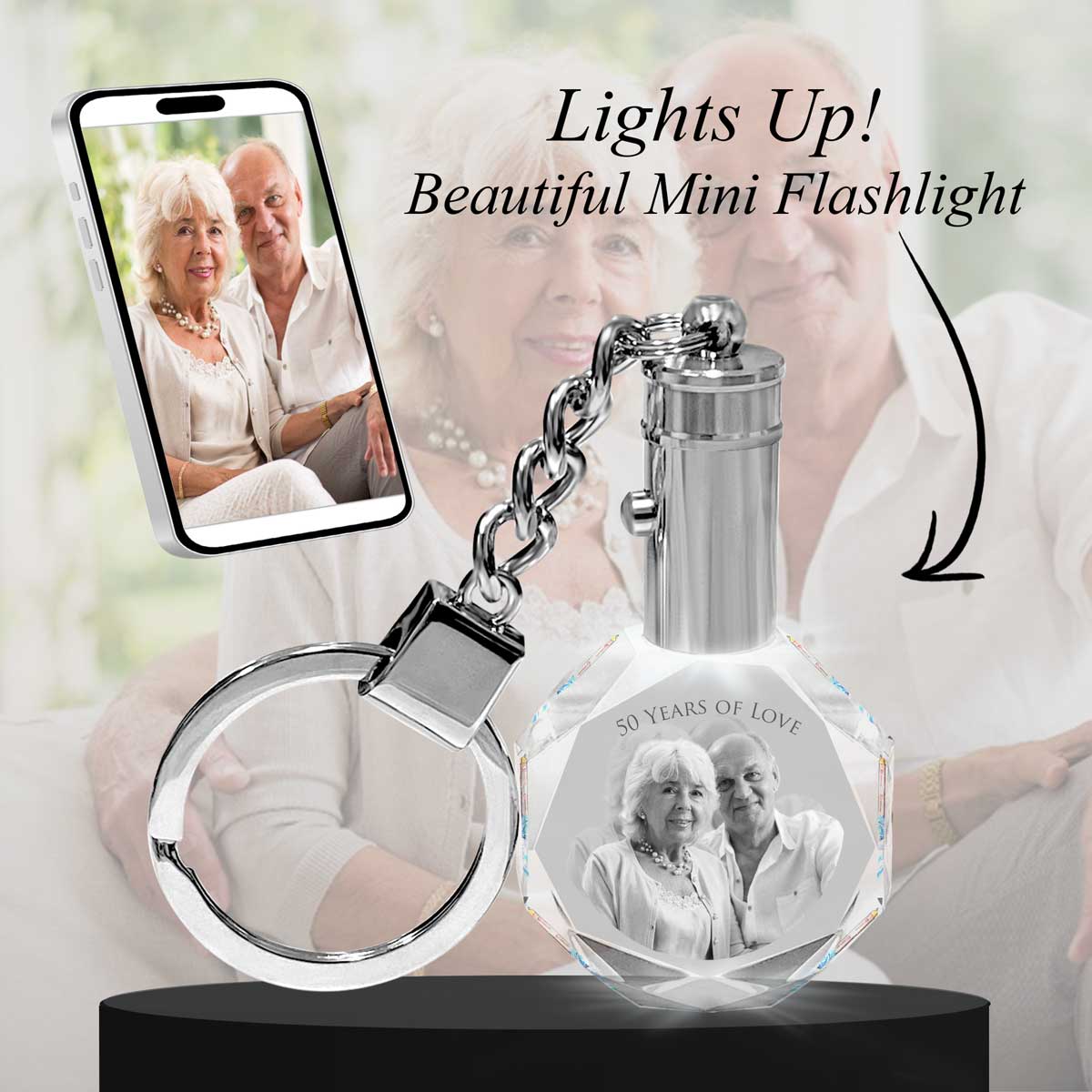 2D Crystal Photo Round Keychain - Engraving Option - Lights Up