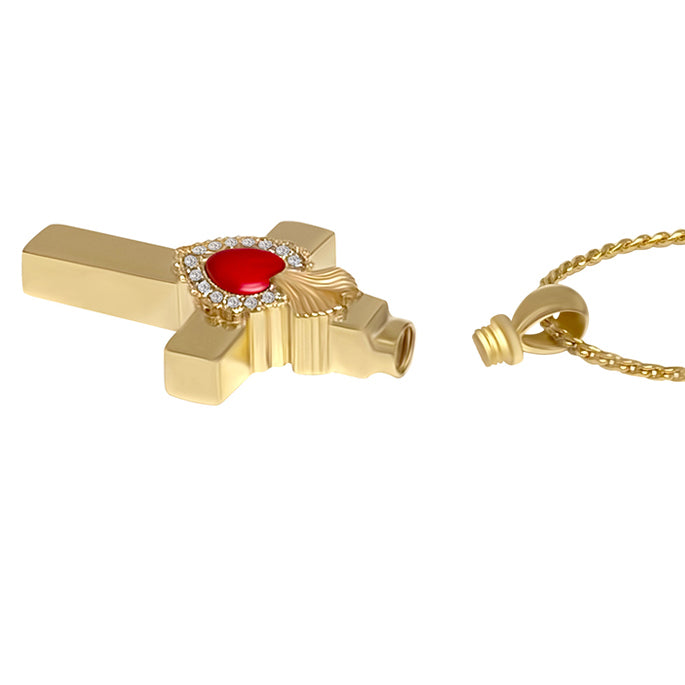 Catholic Sacred Heart 10KT or 14KT Gold Cross Cremation Jewelry Urn - SHIPS NOW