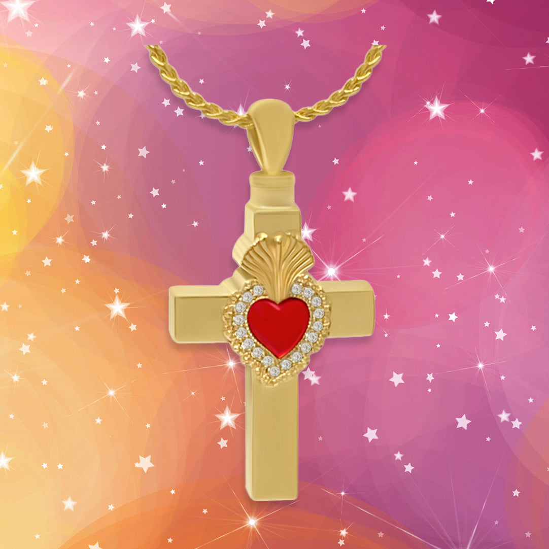 Catholic Sacred Heart 10KT or 14KT Gold Cross Cremation Jewelry Urn - SHIPS NOW