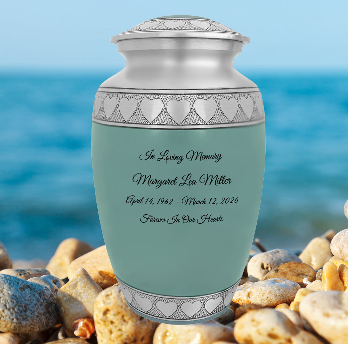 Sea Glass Hearts Pewter Adult Urn - Tribute Wreath™ - Pro Laser Engraving - Burial Vault Option