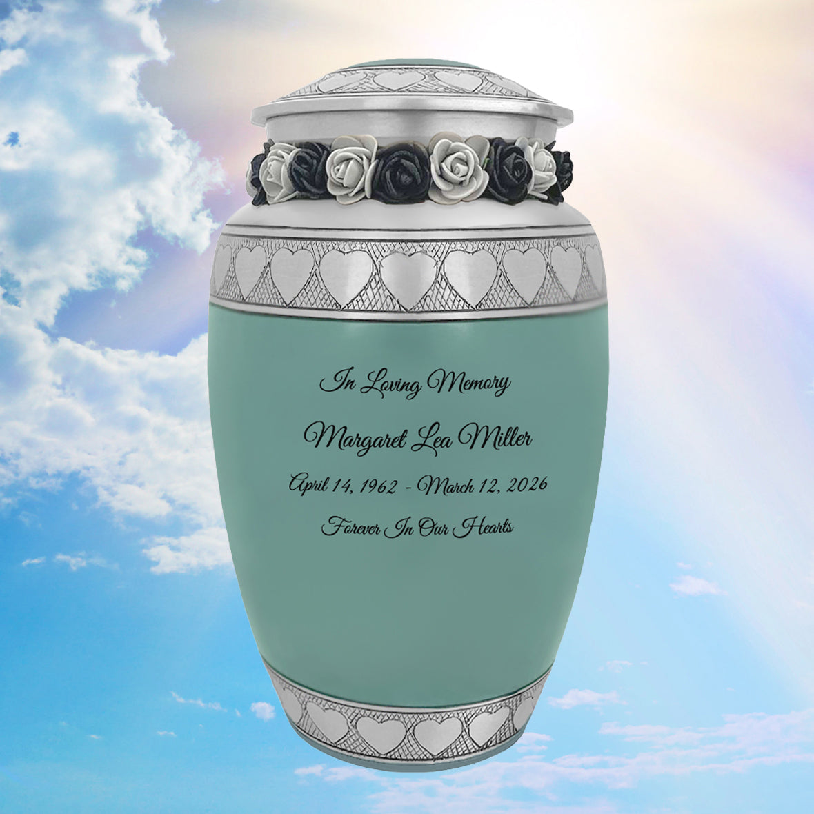 Sea Glass Hearts Pewter Adult Urn - Tribute Wreath™ - Pro Laser Engraving - Burial Vault Option
