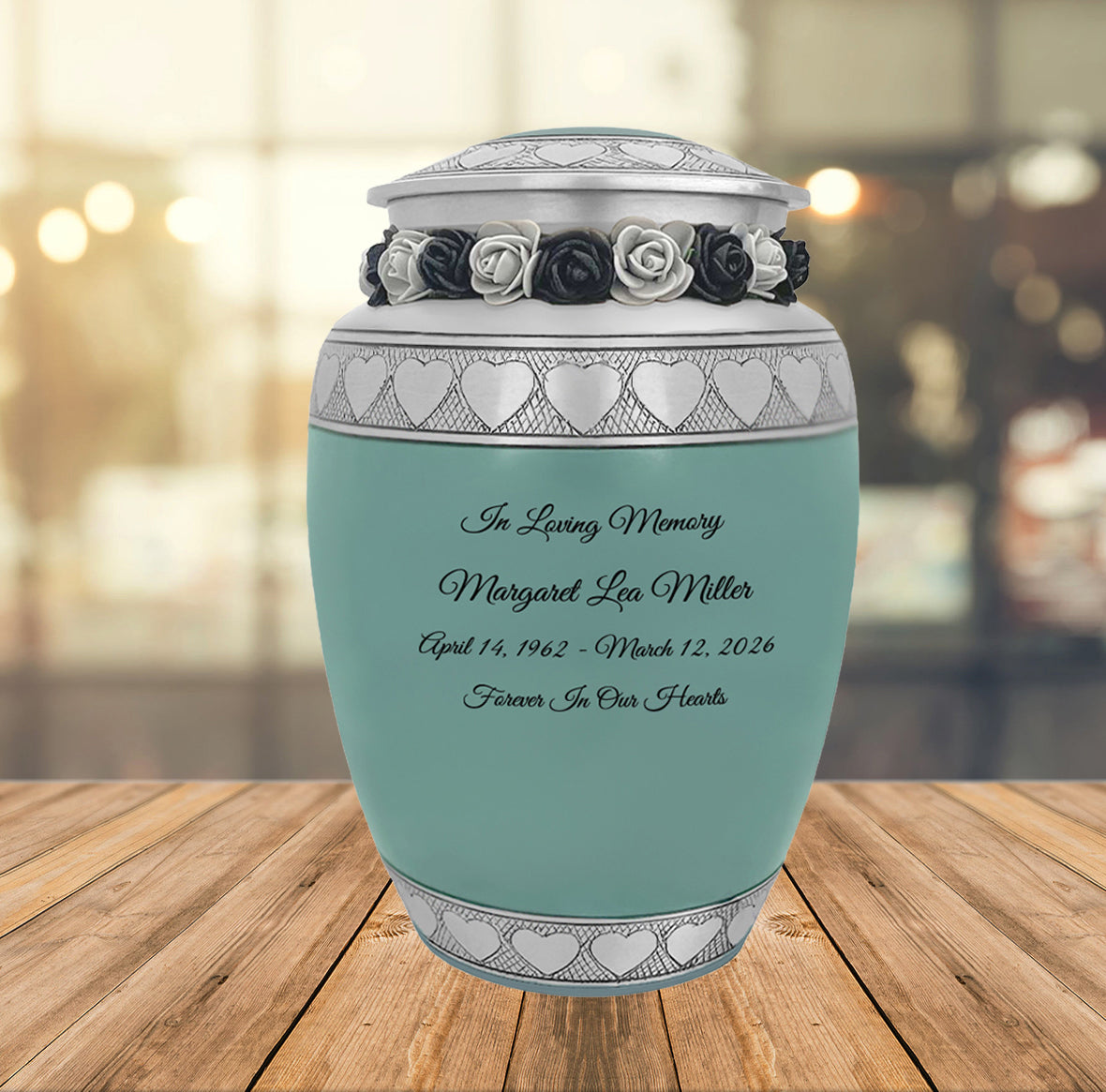 Sea Glass Hearts Pewter Medium Urn - Tribute Wreath™ - Pro Laser Engraving