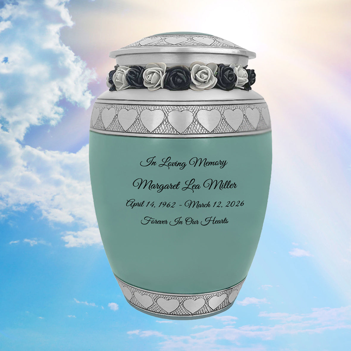 Sea Glass Hearts Pewter Medium Urn - Tribute Wreath™ - Pro Laser Engraving