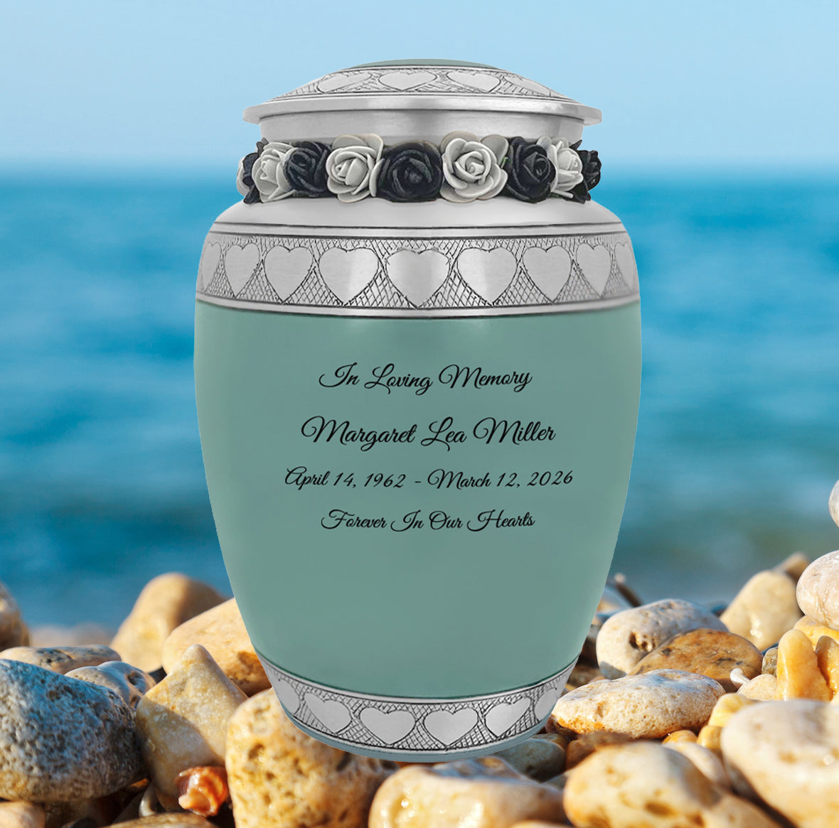 Sea Glass Hearts Pewter Medium Urn - Tribute Wreath™ - Pro Laser Engraving