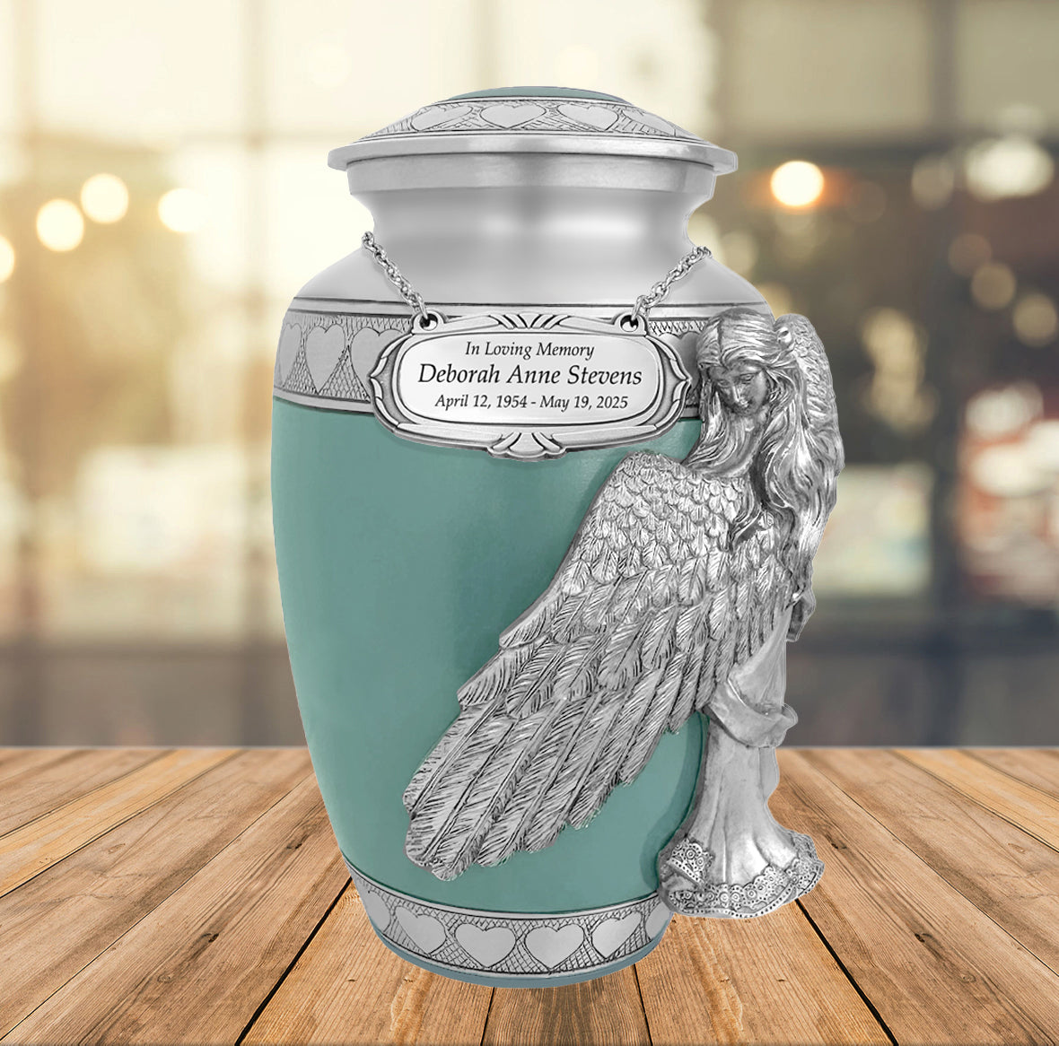 Wings of an Angel Sea Glass Hearts Adult Urn - Pro Laser Engraving - Burial Vault Option