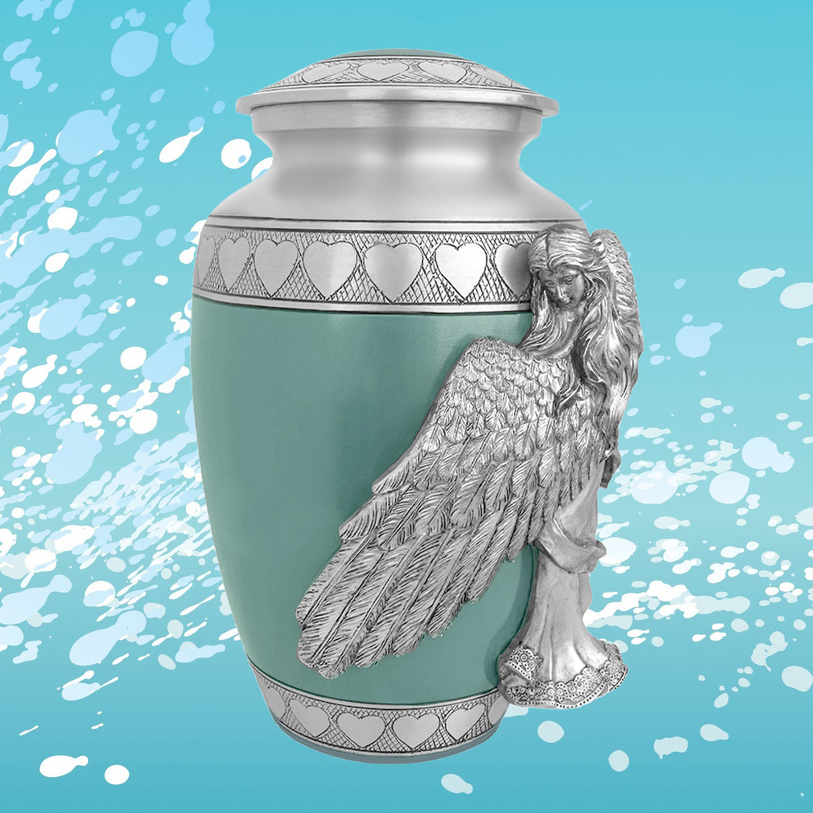 Wings of an Angel Sea Glass Hearts Adult Urn - Pro Laser Engraving - Burial Vault Option