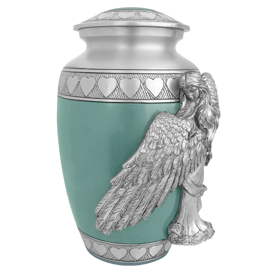 Wings of an Angel Sea Glass Hearts Adult Urn - Pro Laser Engraving - Burial Vault Option
