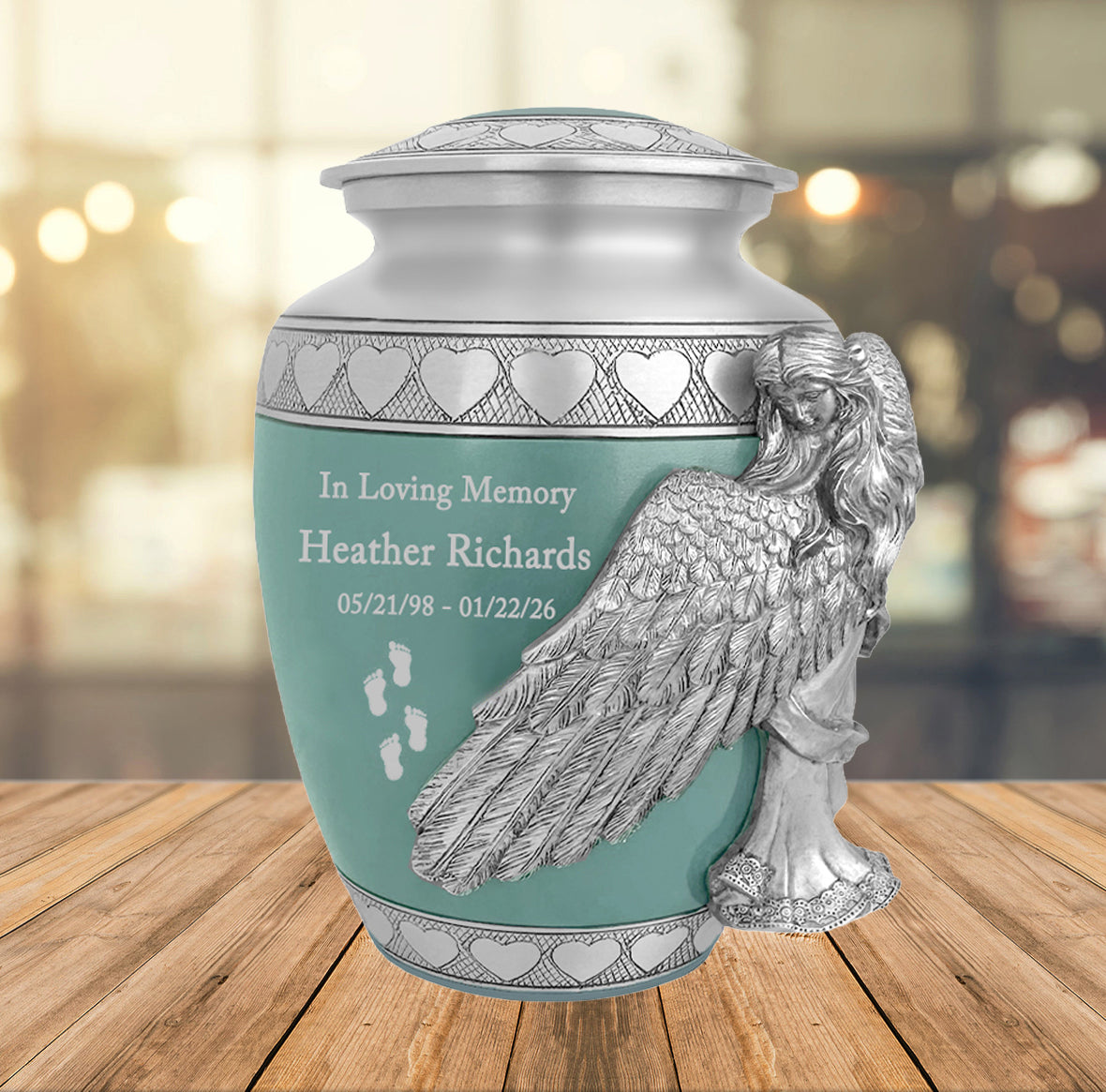 Medium, Youth or Pet Wings of an Angel Sea Glass Hearts Urn - Pro Laser Engraving