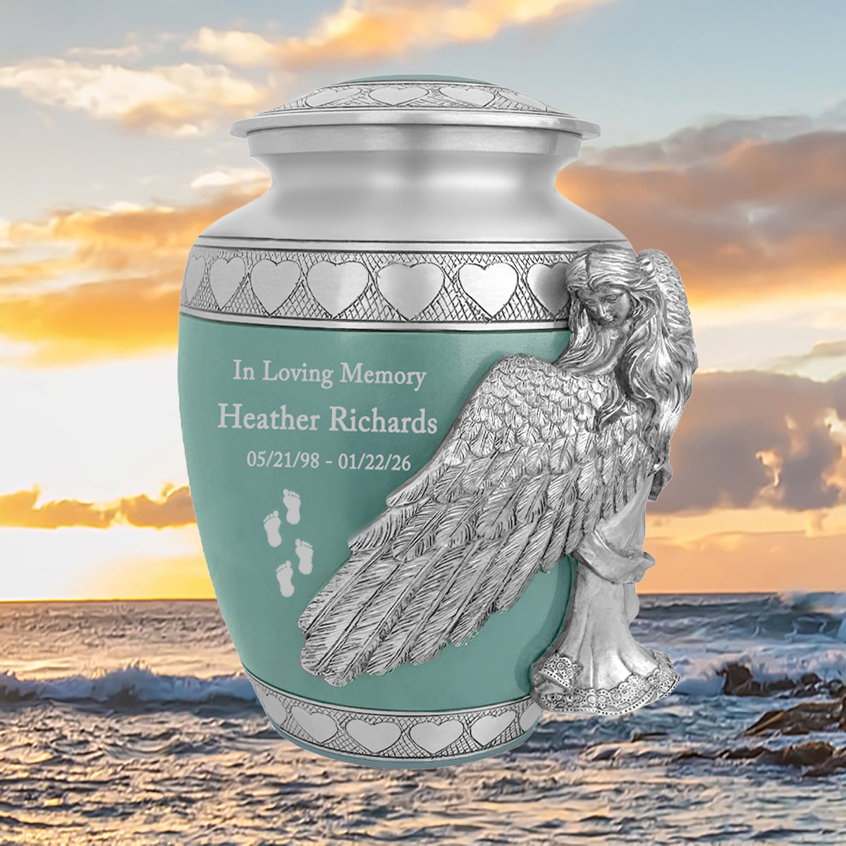 Medium, Youth or Pet Wings of an Angel Sea Glass Hearts Urn - Pro Laser Engraving