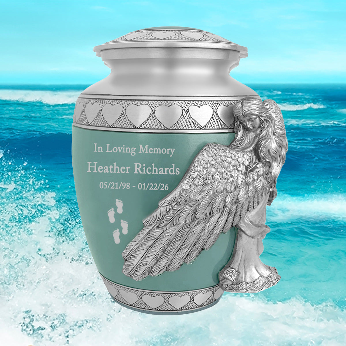 Medium, Youth or Pet Wings of an Angel Sea Glass Hearts Urn - Pro Laser Engraving