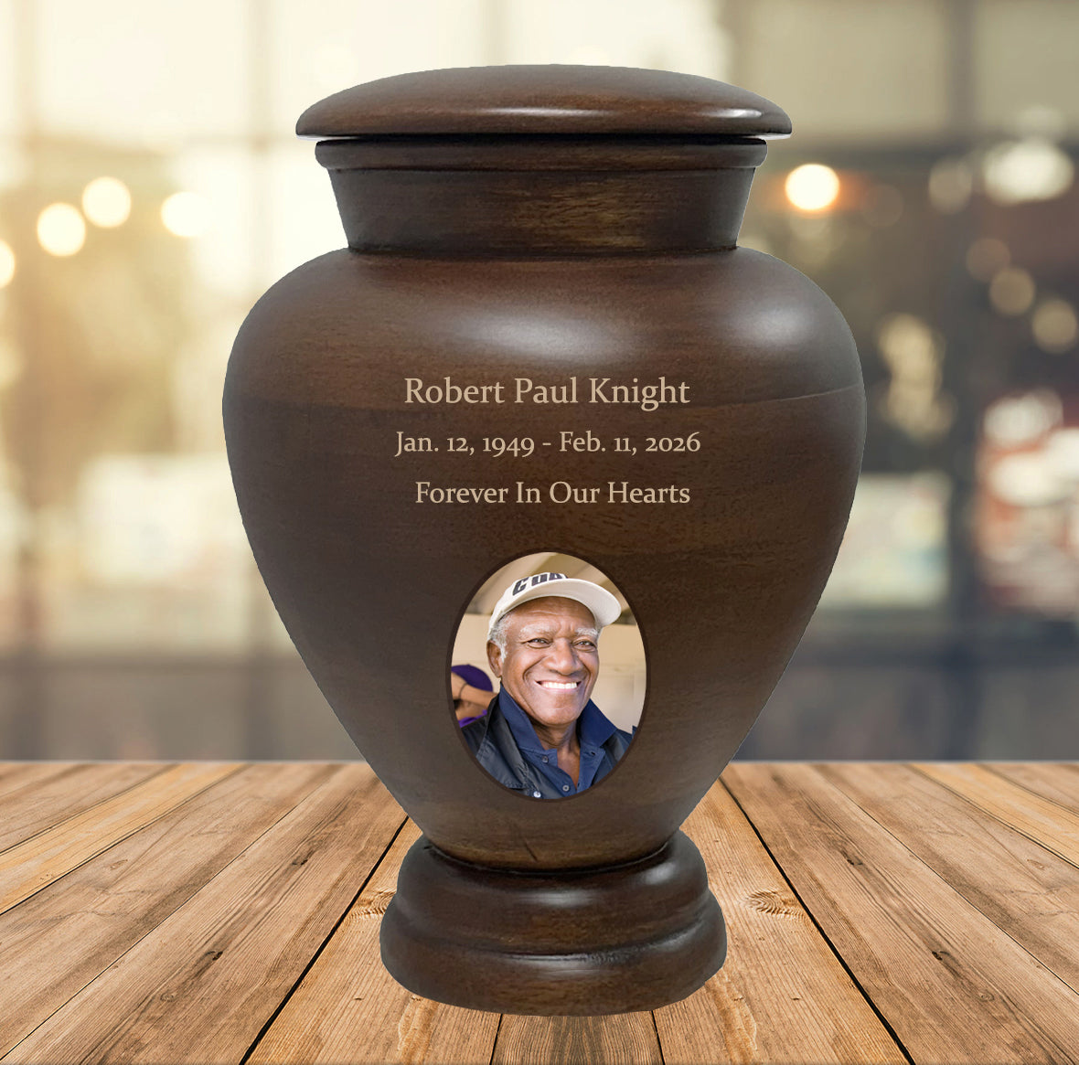 Serenity Wood Cremation Urn - Adult Photo Engraved Urn