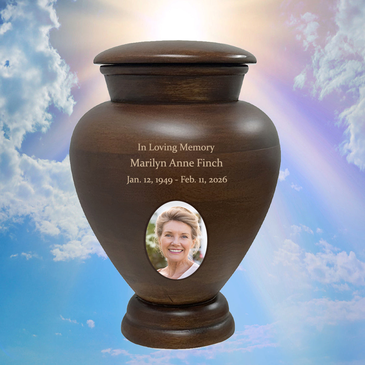 Serenity Wood Cremation Urn - Adult Photo Engraved Urn