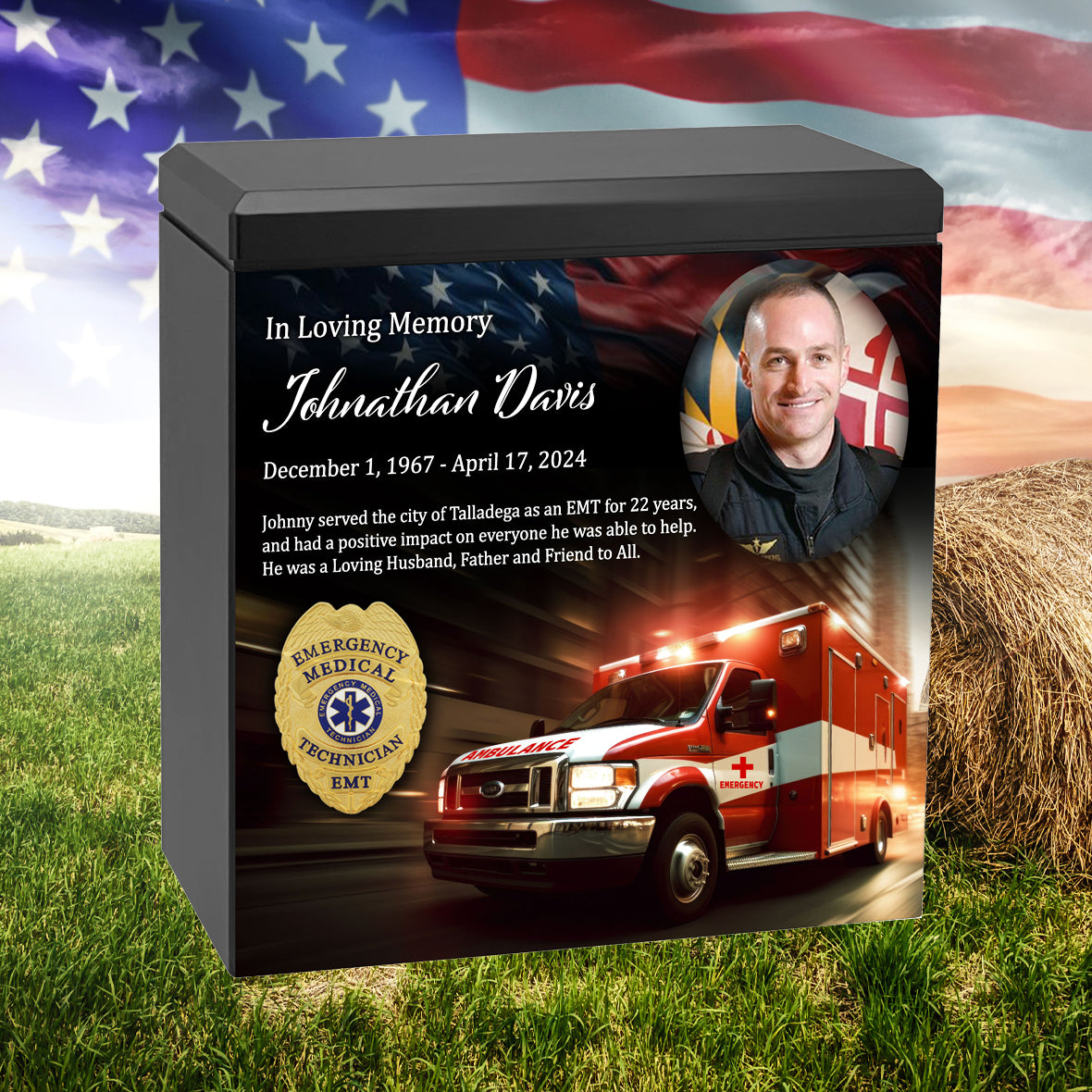 EMT - Emergency Medical Technician or Paramedic Cremation Urn - Photo & Star Medical Badge