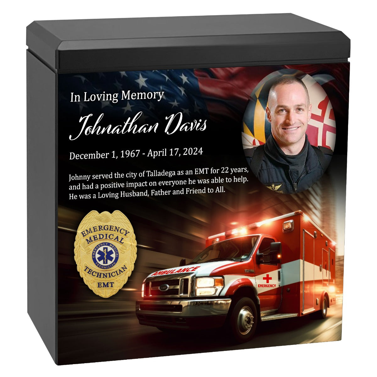 EMT - Emergency Medical Technician or Paramedic Cremation Urn - Photo & Star Medical Badge