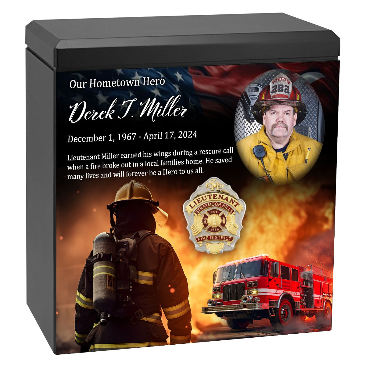 Firefighter Cremation Urn - Photo & Fire Department Badge