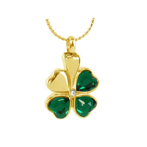 Shamrock Crystal Hearts Gold Necklace Ash Urn - Love Charms Option